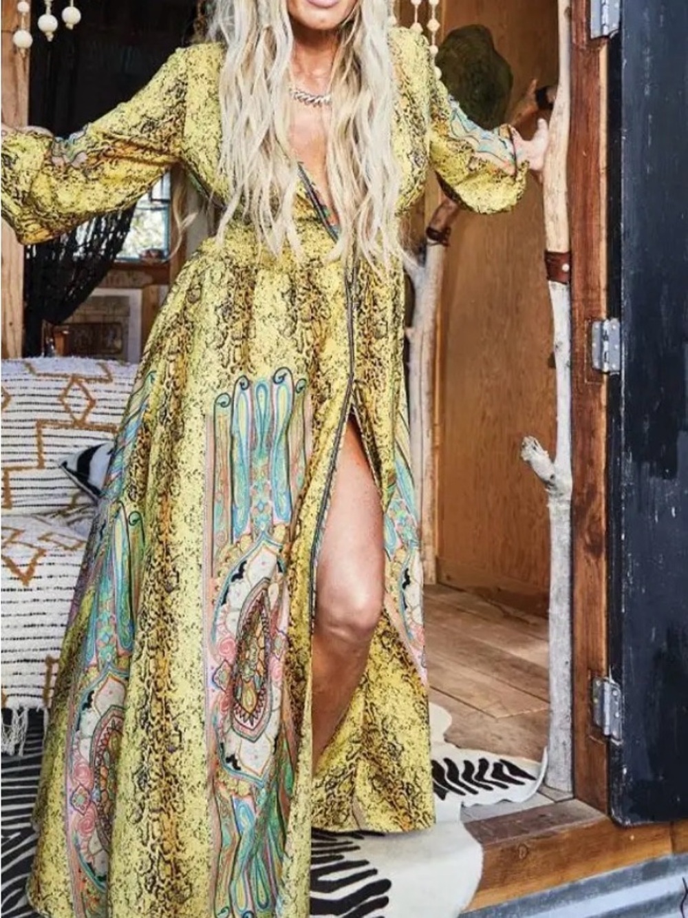Gracia Yellow Paisley Boho Maxi Dress with Front Slit